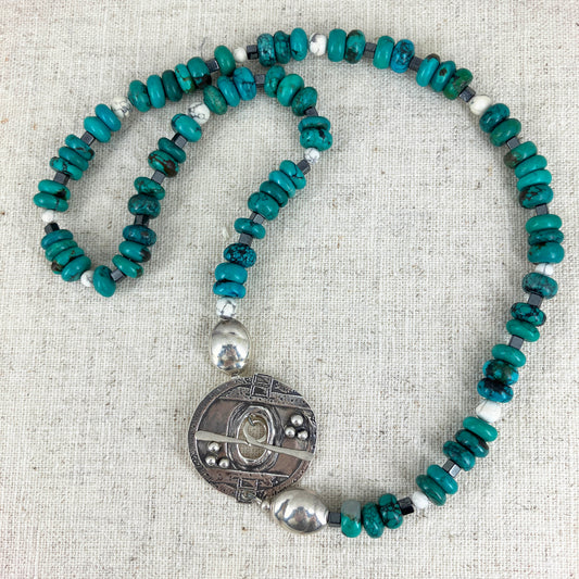 Shielded in God's Love Turquoise And Fine Silver Necklace Handmade By Linda Stiles Smith Of NatureScapes Studio. Full Front View. Statement Jewelry Gift Idea For Women.