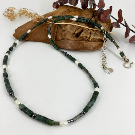 Deep Green Aventuine heshi beads strung with while freshwater pearls and black hemitite round beads. Handmade by Linda Stiles Smith