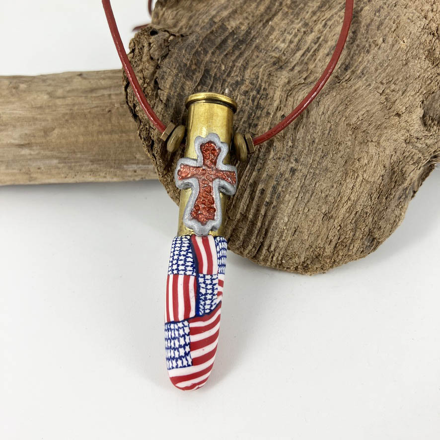 American Flag Cross Pendant Necklace - The Full Armor of God in size Large. Handmade with Polymer Clay and spent brass by Linda Stiles Smith of NatureScapes Studio. Front view. Gifts for Men and Women.