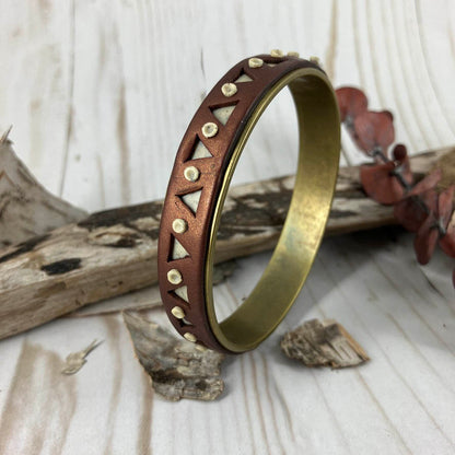 Geometric style of this metallic brown and granite colored bangle bracelet makes a great accent for a grouping of bangles on your wrist! One of a kind jewelry from Naturescapes Studio.