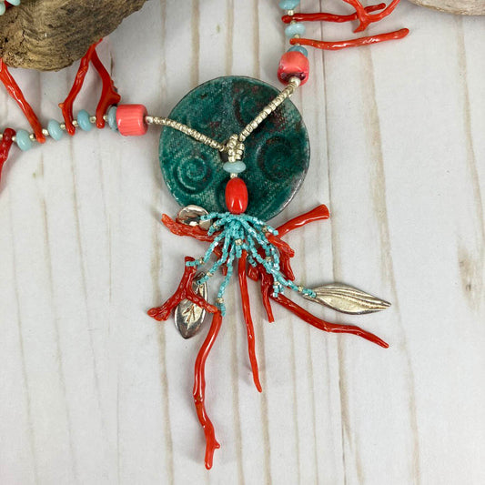 One Of A Kind Red And Turquoise Coral Reef Statement Necklace Handmade By Linda Stiles Smith Of NatureScapes Studio. Focal Pendant View. Unique Gift For Women.