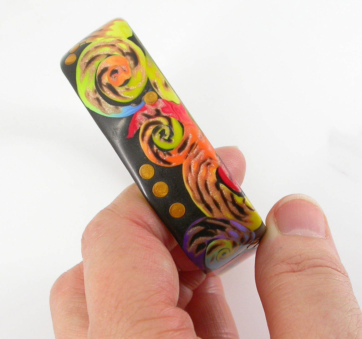 Symphony of Colorful Swirls square Bangle Bracelet handmade with Polymer Clay by Linda Stiles Smith of NatureScapes Studio. side view. Gift ideas for women.