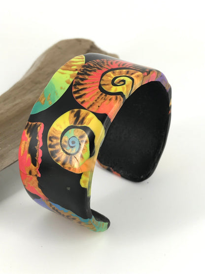 Symphony Of Color Swirls Cuff Bracelet Handmade With Polymer Clay By Linda Styles Smith Of NatureScapes Studio. Nautilus Pattern Design. Multicolor Bracelet Gift For Women. Front View.