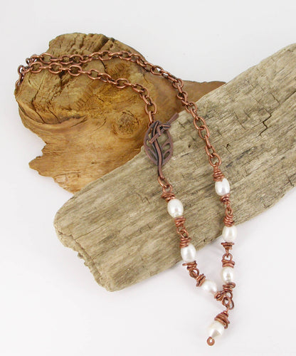 Solid Copper and Freshwater Pearl Necklace by Linda Styles Smith of NatureScapes Studio. Made with Copper Links and 7 Freshwater White Pearls. Full View