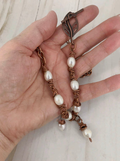 Solid Copper and Freshwater Pearl Necklace by Linda Styles Smith of NatureScapes Studio. Made with Copper Links and 7 Freshwater White Pearls. Full View