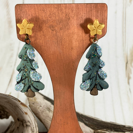 Frosted Forest Earrings. Sparkling Pine Trees with a Touch of Faith, Handmade By Linda Styles Smith Of NatureScapes Studio. Winter Gifts For Women. Front View.