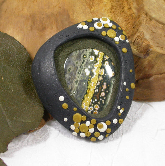 One-of-a-Kind Ocean Jasper Gemstone Brooch Handmade by Linda Stiles Smith of NatureScapes Studio. Gorgeous Ocean Green Colors, Gold Tone with White Dots and lightly sparkling Black Polymer Clay. Gift Ideas For Women. Gifts For Teachers. Wearable Art. Front View.