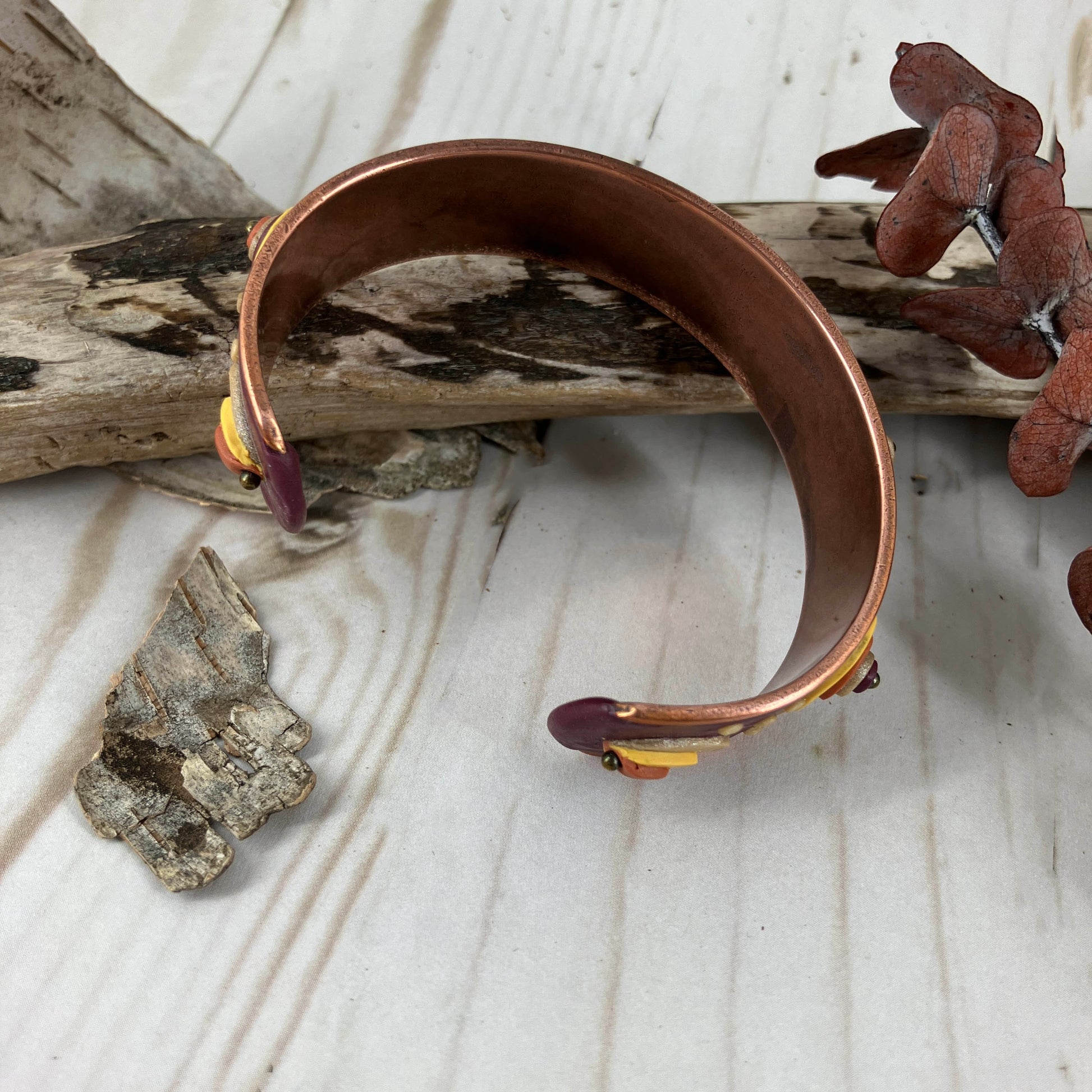 The inner cuff form is solid copper shaped to be easy to put on and take off.