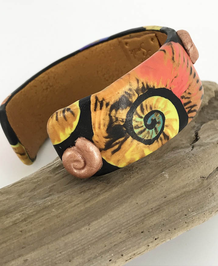 Color Symphony Cuff Bracelet – A One-of-a-Kind Masterpiece Handmade Using Polymer Clay By Linda Styles Smith Of NatureScapes Studio. Unique Gifts For Women. Back Angled View.