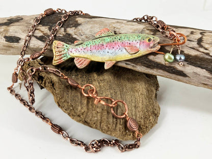 Rainbow Trout pendant on copper link necklace designed by Linda Stiles Smith of NatureScapes Studio.
