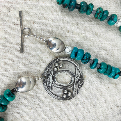 Shielded in God's Love Turquoise And Fine Silver Necklace Handmade By Linda Stiles Smith Of NatureScapes Studio. Close Up View Of The Toggle Clasp. One Of A Kind Collectible Gift Idea For Women.