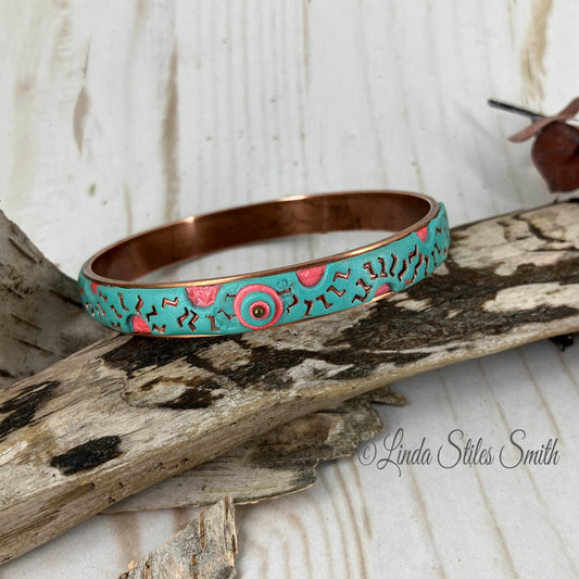 Summertime Sun design on Copper Bangle Bracelet mixes cool and warm