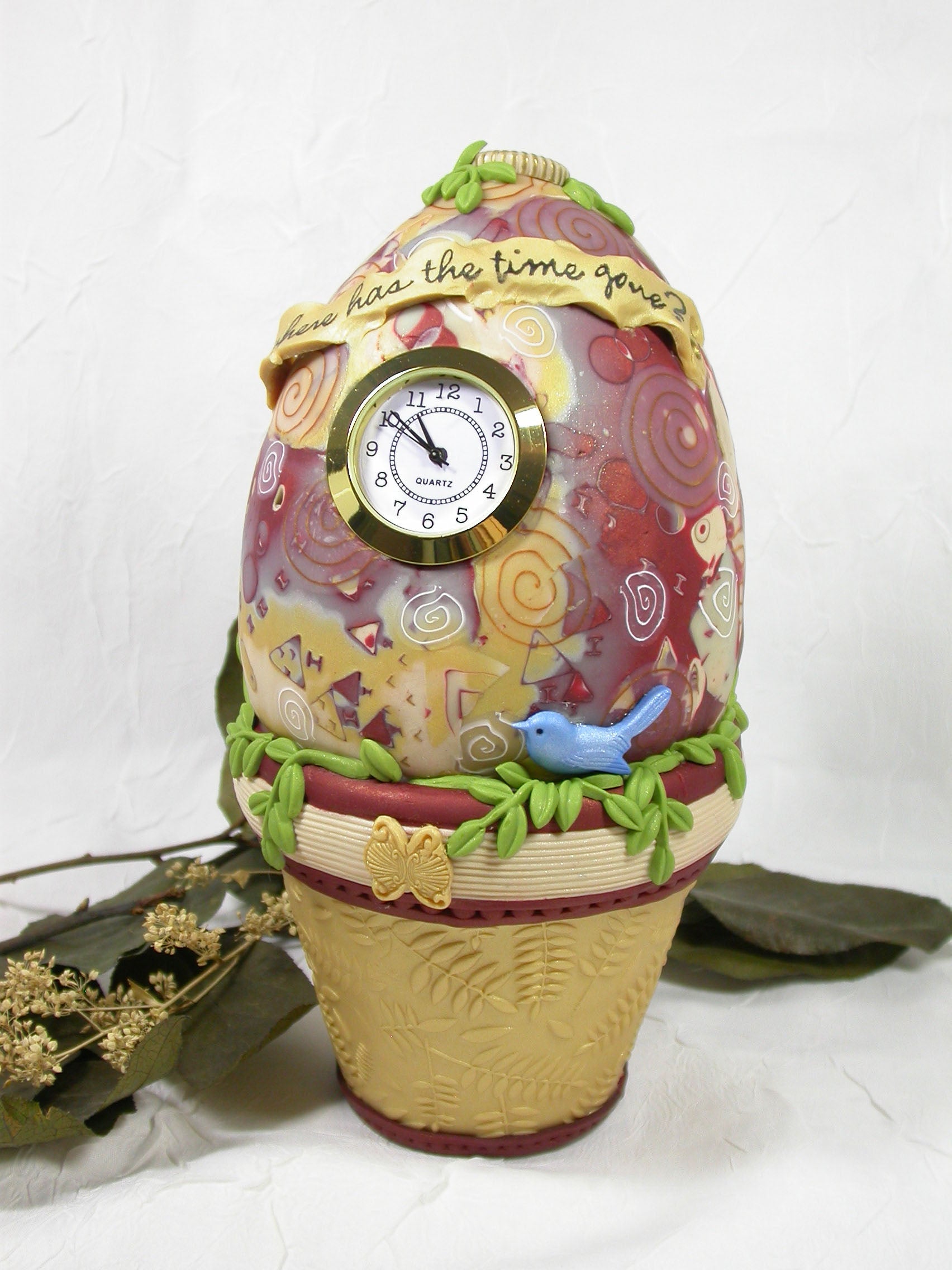 Where has the Time Gone? One Of A Kind Bird Egg Desk Clock handmade with Polymer Clay by Linda Stiles Smith of NatureScapes Studio. Front view. Gift ideas for women.