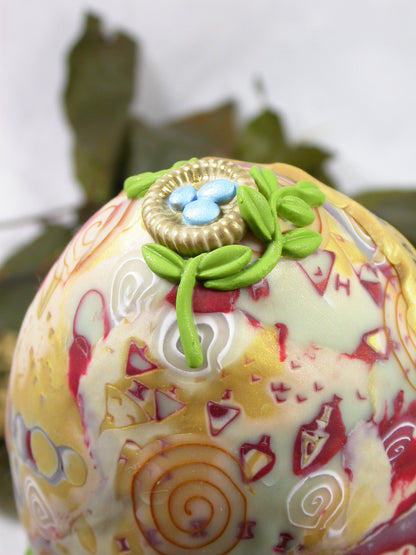 Where has the Time Gone? One Of A Kind Bird Egg Desk Clock handmade with Polymer Clay by Linda Stiles Smith of NatureScapes Studio. Top detailed view. Gift ideas for women.