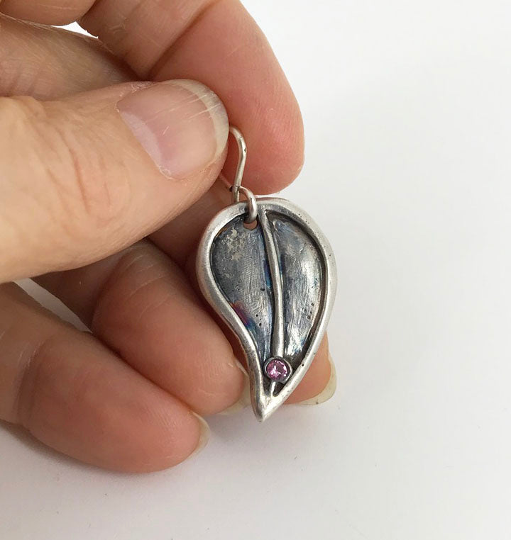 Fine Silver Birthday Leaf Shaped Pendant with birthday month colored stone. Gift for women handmade by Linda Stiles Smith of NatureScapes Studio. Front view, featuring a Faux Rose Cubic Zirconia for the month of October.