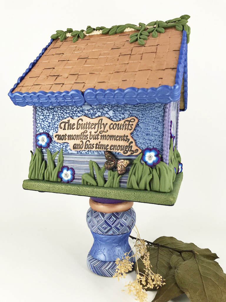 The Butterfly Counts One Of A Kind Bird House Desk Clock handmade with Polymer Clay by Linda Stiles Smith of NatureScapes Studio. Back view. Gift ideas for women.