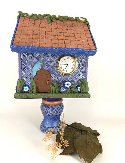 The Butterfly Counts One Of A Kind Bird House Desk Clock handmade with Polymer Clay by Linda Stiles Smith of NatureScapes Studio. Front view. Gift ideas for women.