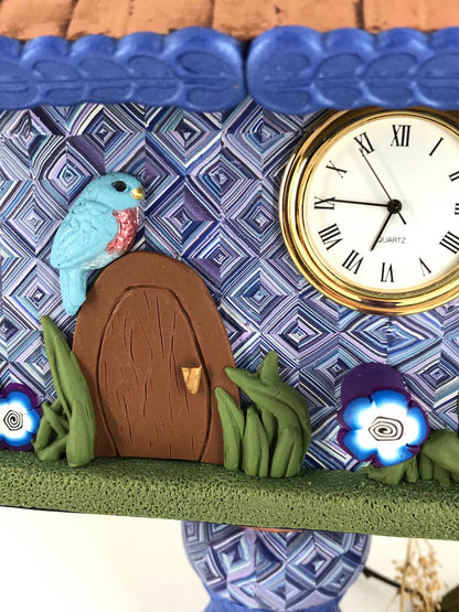 The Butterfly Counts One Of A Kind Bird House Desk Clock handmade with Polymer Clay by Linda Stiles Smith of NatureScapes Studio. Blue Bird Detailed Front view. Gift ideas for women.