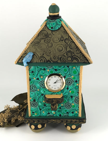 The moment Bird House Bluebird Shelf Clock handmade with Polymer Clay by Linda Stiles Smith of NatureScapes Studio. Front view. Gift ideas for women.