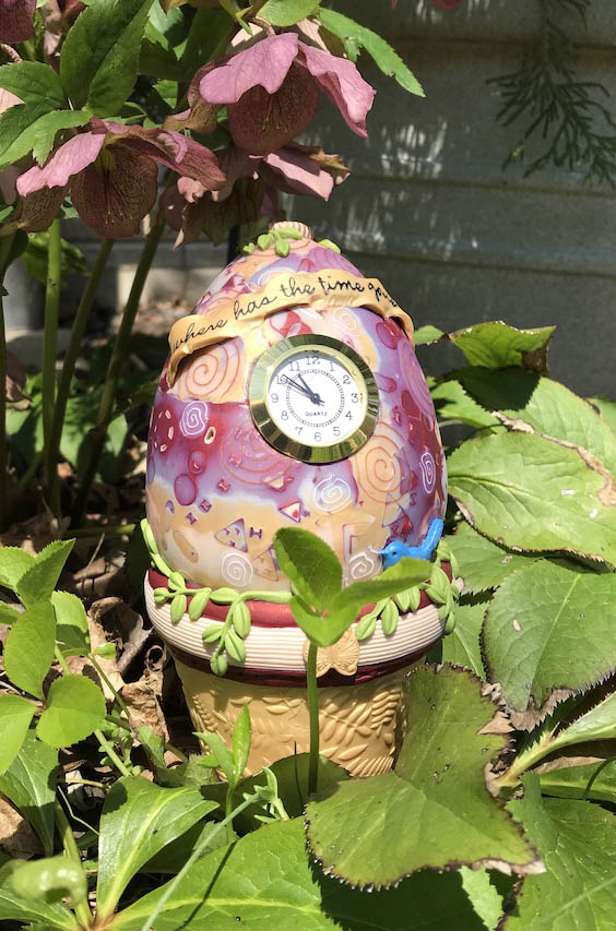 Where has the Time Gone? One Of A Kind Bird Egg Desk Clock handmade with Polymer Clay by Linda Stiles Smith of NatureScapes Studio. Front view. Gift ideas for women.