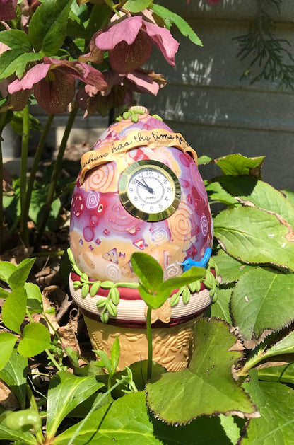 Where has the Time Gone? One Of A Kind Bird Egg Desk Clock handmade with Polymer Clay by Linda Stiles Smith of NatureScapes Studio. Front view. Gift ideas for women.