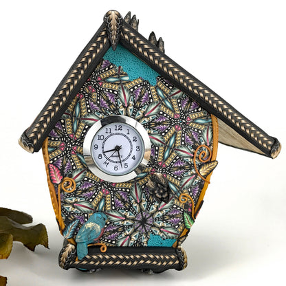 Simple Moments Birdhouse Clock One Of A Kind Gift Idea For Artistic Women, handmade with Polymer Clay by Linda Stiles Smith of NatureScapes Studio. Front view.