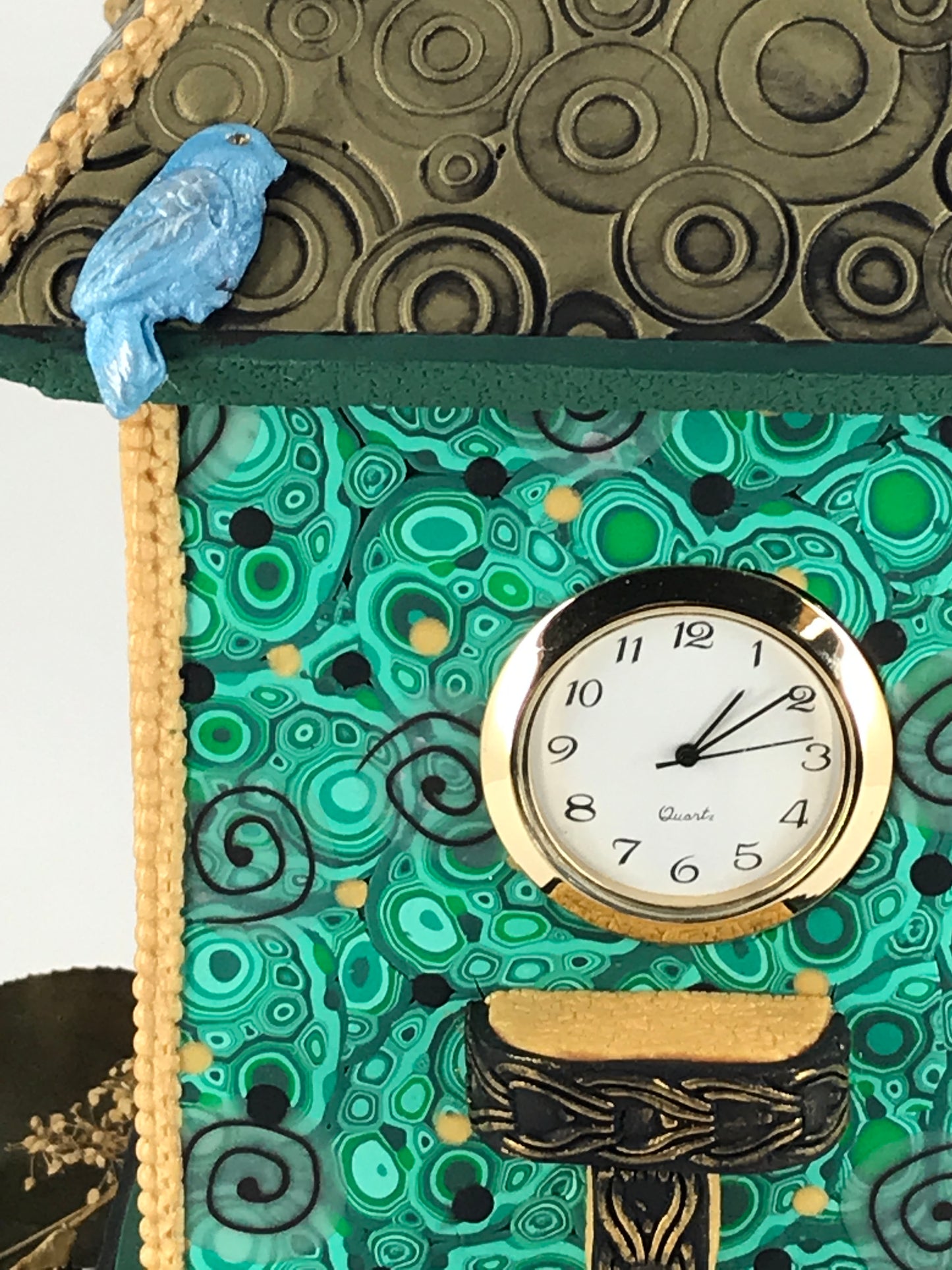 The moment Bird House Bluebird Shelf Clock handmade with Polymer Clay by Linda Stiles Smith of NatureScapes Studio. Bluebird detail view. Gift ideas for women.