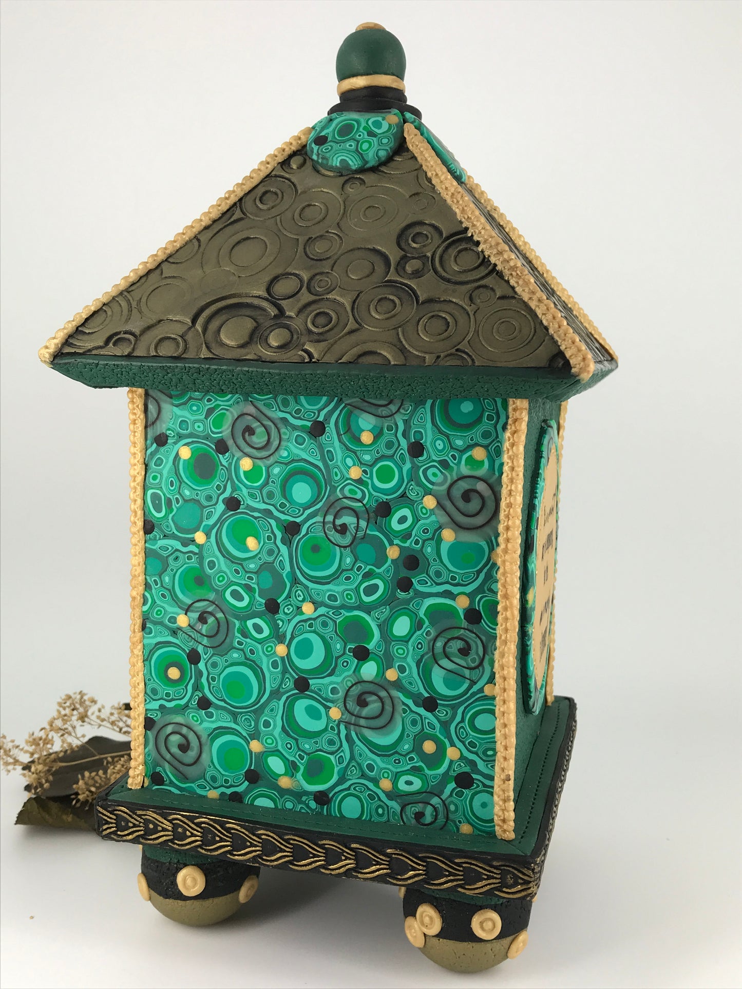 The moment Bird House Bluebird Shelf Clock handmade with Polymer Clay by Linda Stiles Smith of NatureScapes Studio. Side view. Gift ideas for women.