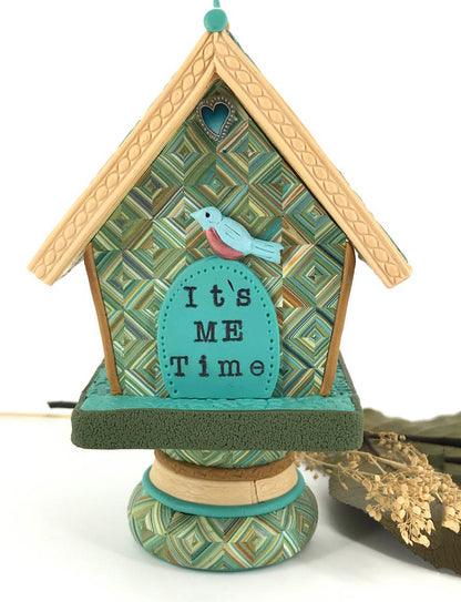 One of a kind desk clock handmade with Polymer Clay by Linda Stiles Smith of NatureScapes Studio. Back view. Gift ideas for women.