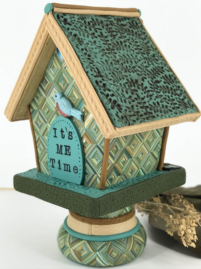 One of a kind desk clock handmade with Polymer Clay by Linda Stiles Smith of NatureScapes Studio. Side-Back view. Gift ideas for women.