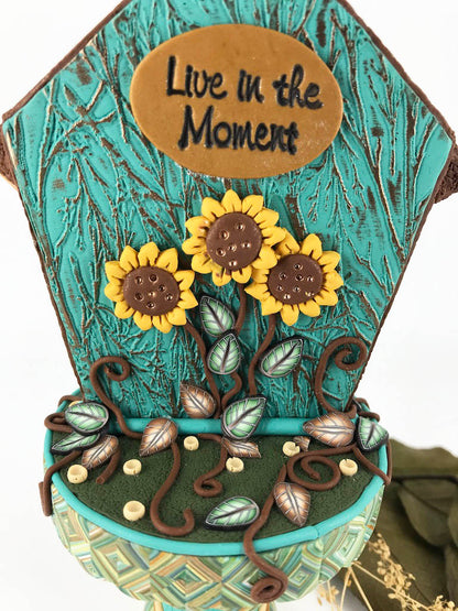 Live in the Moment Cupcake Stand Desk Clock handmade with Polymer Clay by Linda Stiles Smith of NatureScapes Studio. Details of the back view. Gift ideas for women.