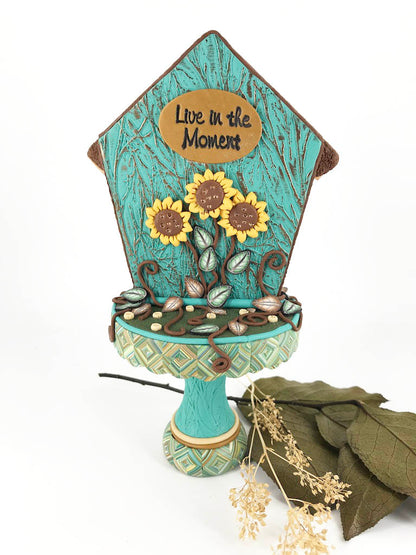 Live in the Moment Cupcake Stand Desk Clock handmade with Polymer Clay by Linda Stiles Smith of NatureScapes Studio. Back view. Gift ideas for women.