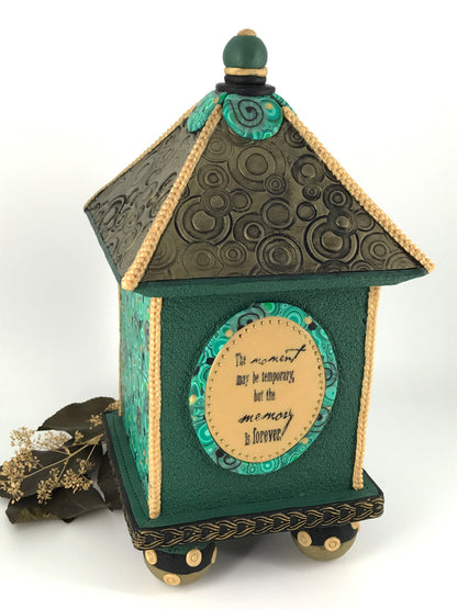 The moment Bird House Bluebird Shelf Clock handmade with Polymer Clay by Linda Stiles Smith of NatureScapes Studio. Back view. Gift ideas for women.