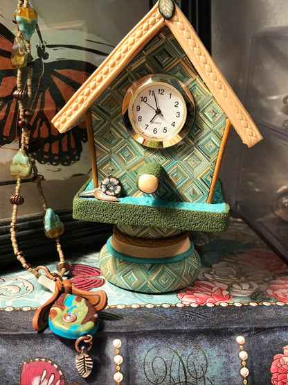 One of a kind desk clock handmade with Polymer Clay by Linda Stiles Smith of NatureScapes Studio. Front view. Gift ideas for women.