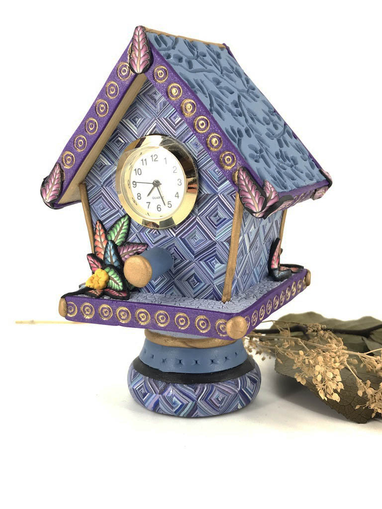 Time Flies Blue and Purple Bird House Desk Clock handmade with Polymer Clay by Linda Stiles Smith of NatureScapes Studio. Front view. Gift ideas for women.