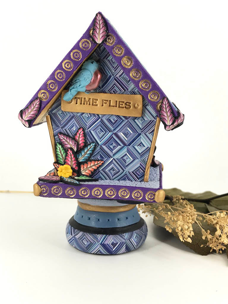 Time Flies Blue and Purple Bird House Desk Clock handmade with Polymer Clay by Linda Stiles Smith of NatureScapes Studio. Back view. Gift ideas for women.