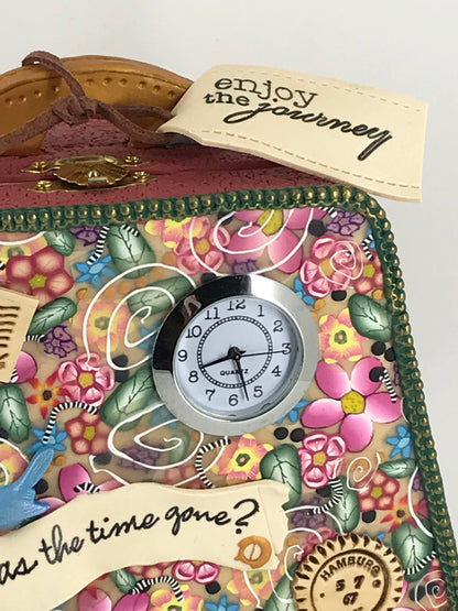 Enjoy the journey Travel Time! Desk Clock handmade with Polymer Clay by Linda Stiles Smith of NatureScapes Studio. Close up details of the front view. Great gift idea for Women.