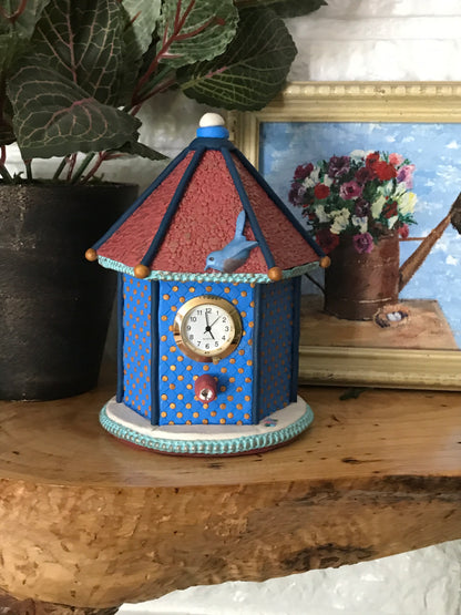 Small blue dot on shelf bird house clock handmade with Polymer Clay by Linda Stiles Smith of NatureScapes Studio. Front view. Gift for women ideas.