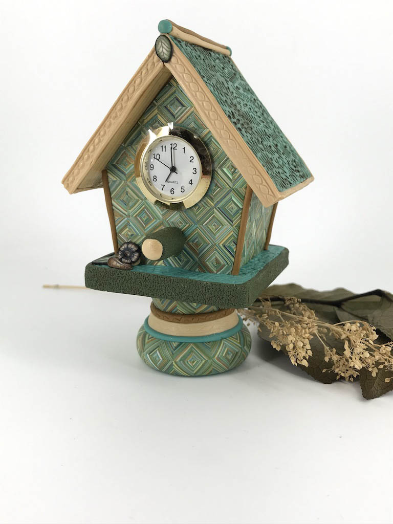 One of a kind desk clock handmade with Polymer Clay by Linda Stiles Smith of NatureScapes Studio. Front view. Gift ideas for women.