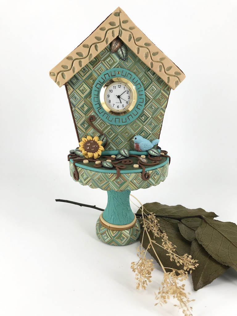 Live in the Moment Cupcake Stand Desk Clock handmade with Polymer Clay by Linda Stiles Smith of NatureScapes Studio. Front view. Gift ideas for women.