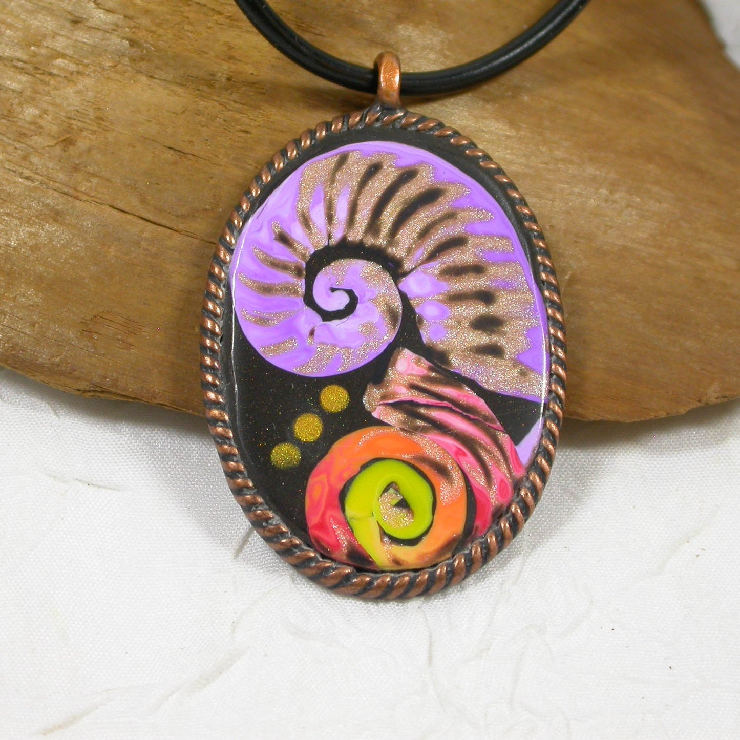 Purple Swirl Nautilus in copper One-of-a-Kind Necklace handmade with Polymer Clay by Linda Stiles Smith of NatureScapes Studio. Front view. Gift ideas for women.