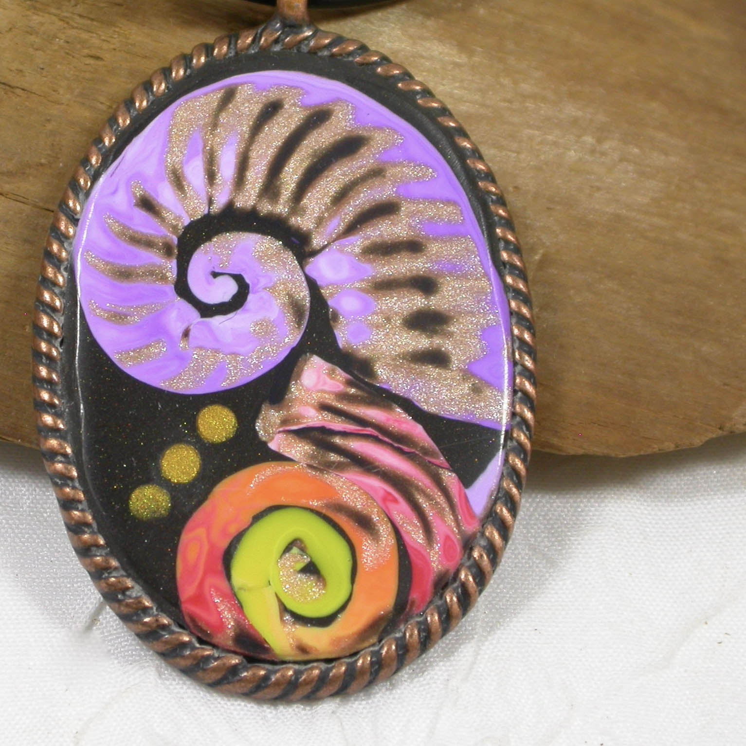 Purple Swirl Nautilus in copper One-of-a-Kind Necklace handmade with Polymer Clay by Linda Stiles Smith of NatureScapes Studio. Front view. Gift ideas for women.