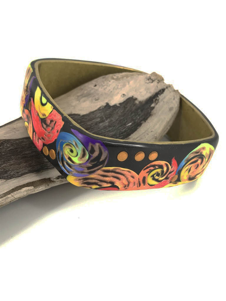 Symphony of Colorful Swirls Bangle Bracelet handmade with Polymer Clay by Linda Stiles Smith of NatureScapes Studio. Front view. Gift ideas for women.