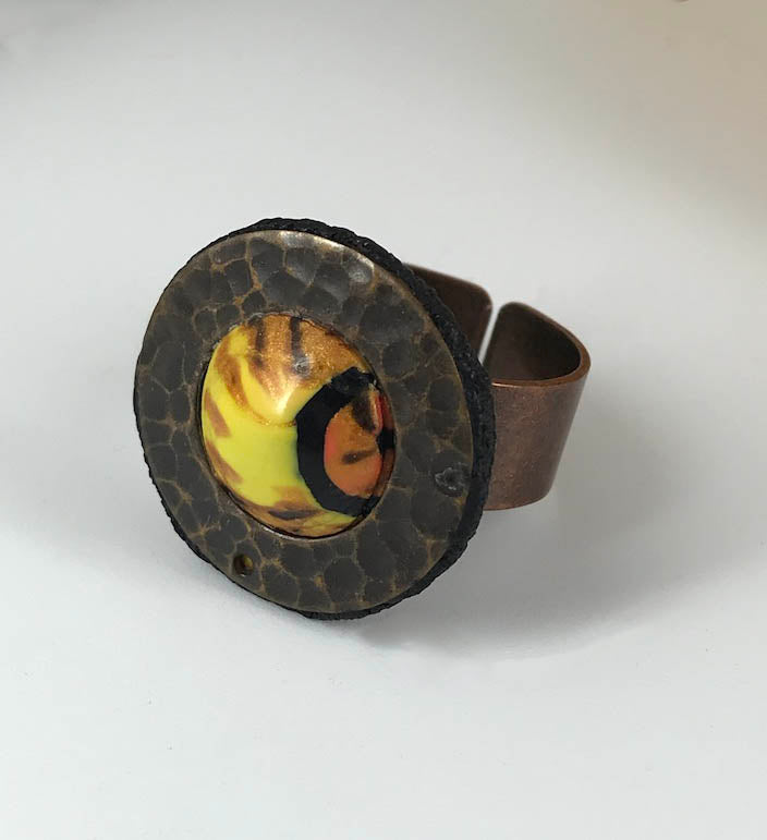 Swirls of Color Adjustable Rings handmade with Polymer Clay by Linda Stiles Smith of NatureScapes Studio. Yellow Orange Black Copper Ring view. Gift ideas for women.