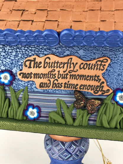 The Butterfly Counts One Of A Kind Bird House Desk Clock handmade with Polymer Clay by Linda Stiles Smith of NatureScapes Studio. Back detaailed view. Gift ideas for women.