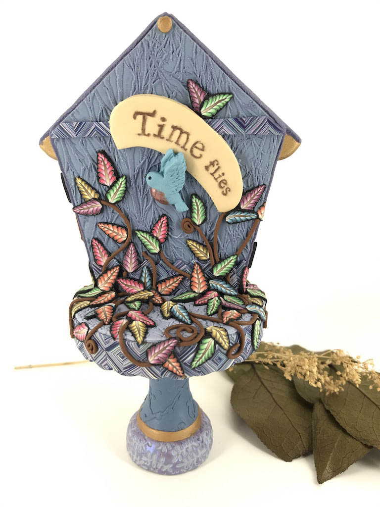 Time Flies Cupcake Stand Desk Clock handmade with Polymer Clay by Linda Stiles Smith of NatureScapes Studio. Back view. Gift ideas for women.