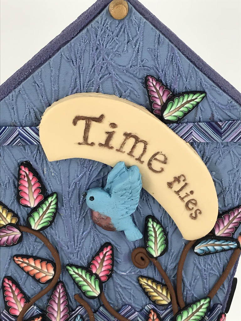 Time Flies Cupcake Stand Desk Clock handmade with Polymer Clay by Linda Stiles Smith of NatureScapes Studio. Bluebird detailed view. Gift ideas for women.