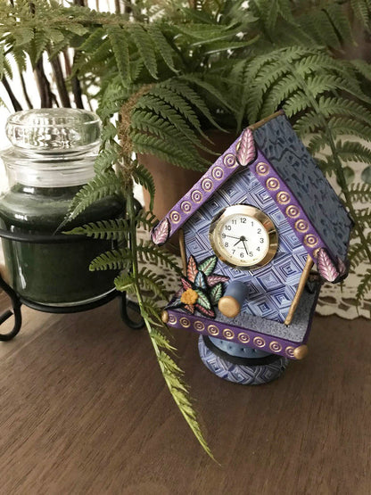 Time Flies Blue and Purple Bird House Desk Clock handmade with Polymer Clay by Linda Stiles Smith of NatureScapes Studio. Front view. Gift ideas for women.