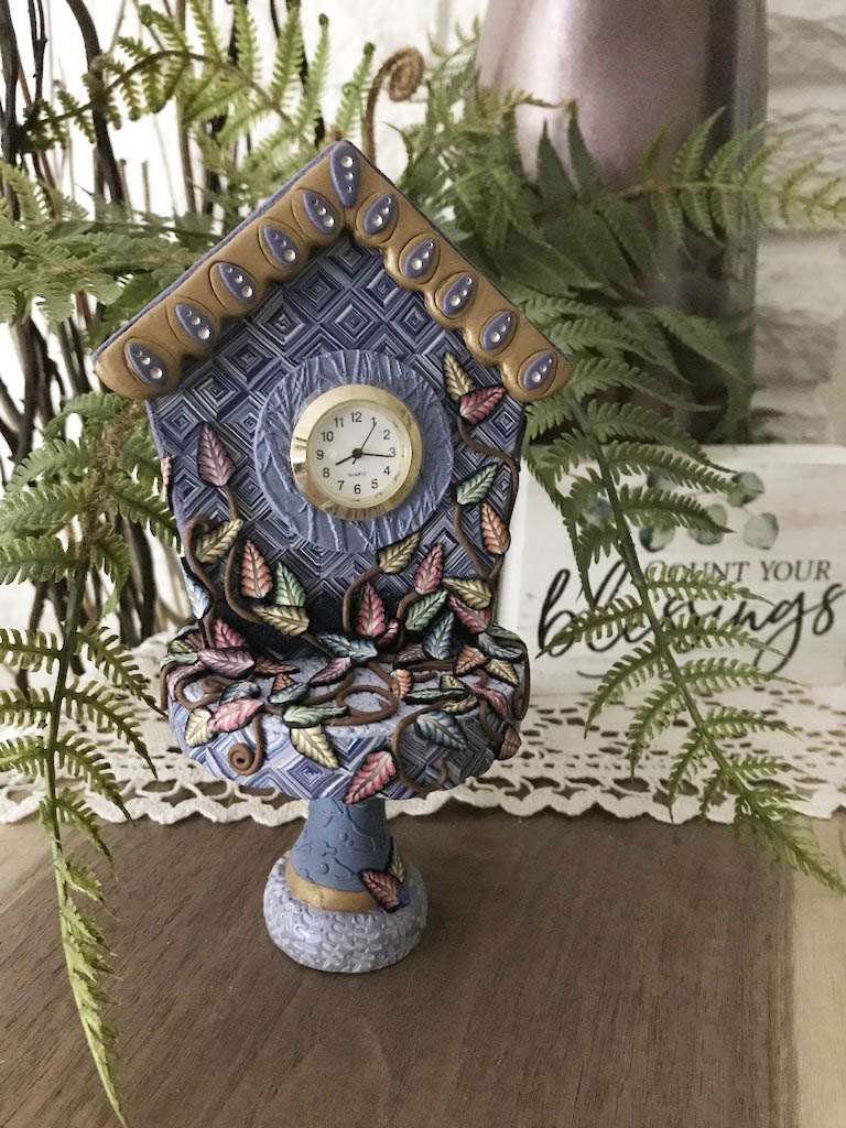 Time Flies Cupcake Stand Desk Clock handmade with Polymer Clay by Linda Stiles Smith of NatureScapes Studio. Front view. Gift ideas for women.