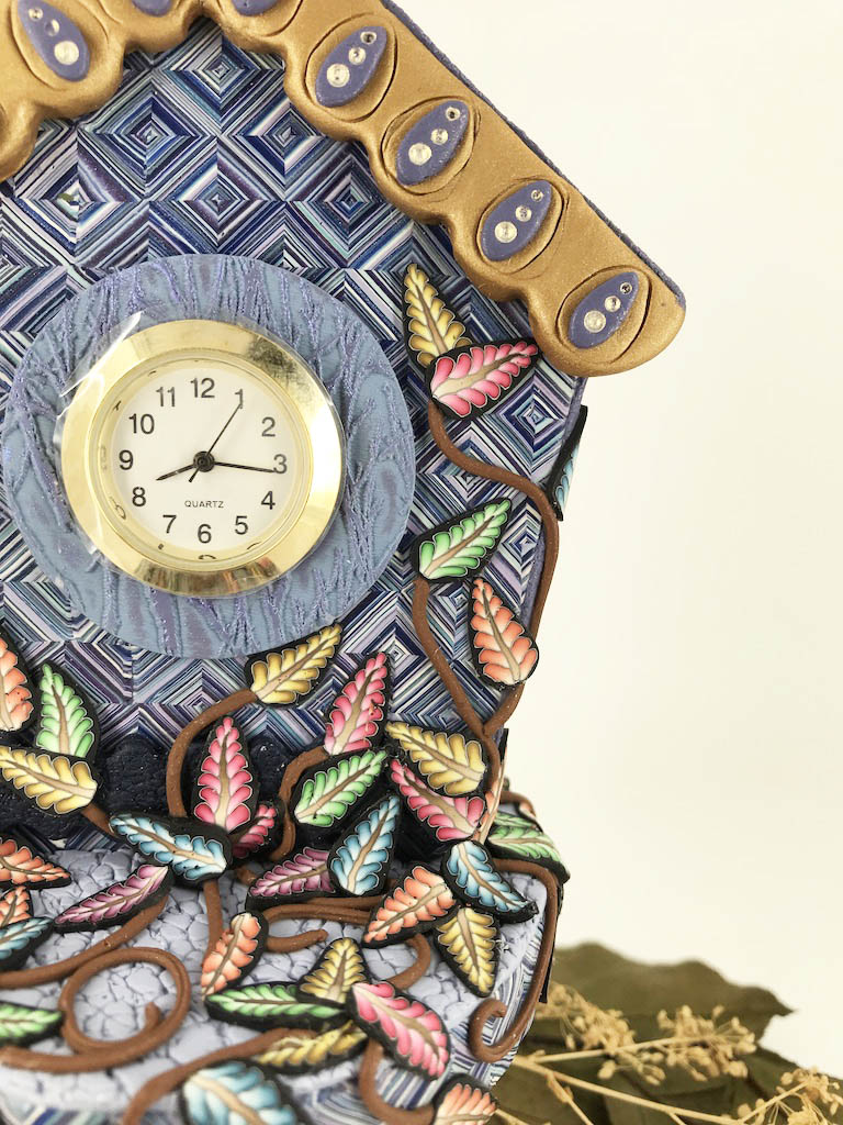 Time Flies Cupcake Stand Desk Clock handmade with Polymer Clay by Linda Stiles Smith of NatureScapes Studio. Front detailed view. Gift ideas for women.
